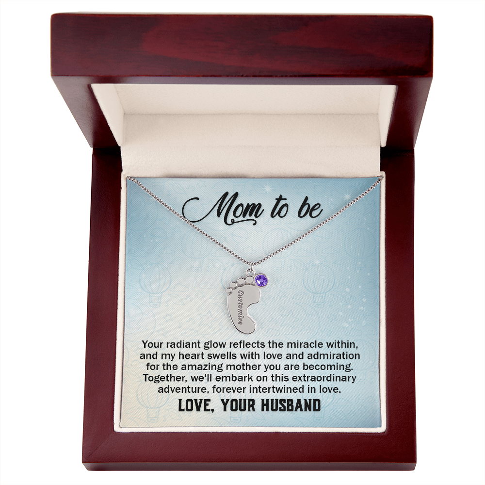 Mom To Be From Husband - Baby Feet Necklace with Birthstone - Engraved