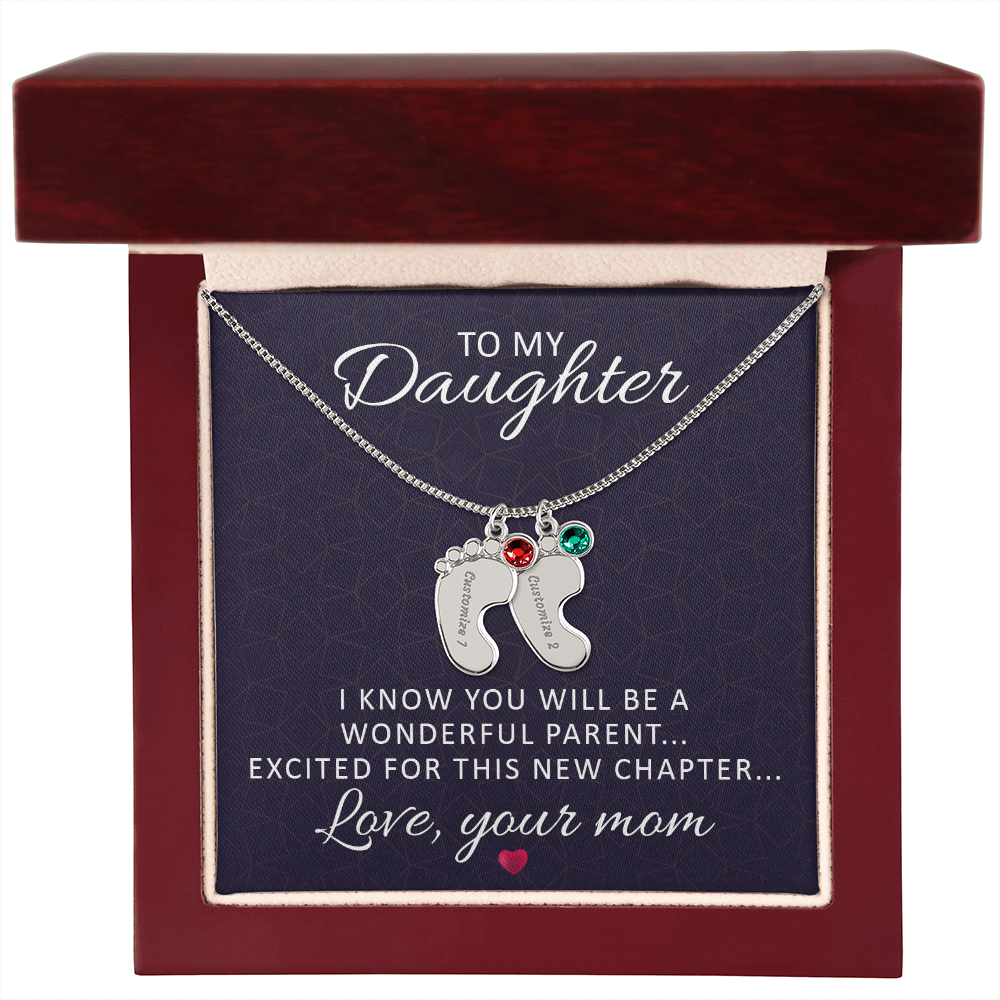 To My Daughter - Baby Feet Necklace with Birthstone - Engraved