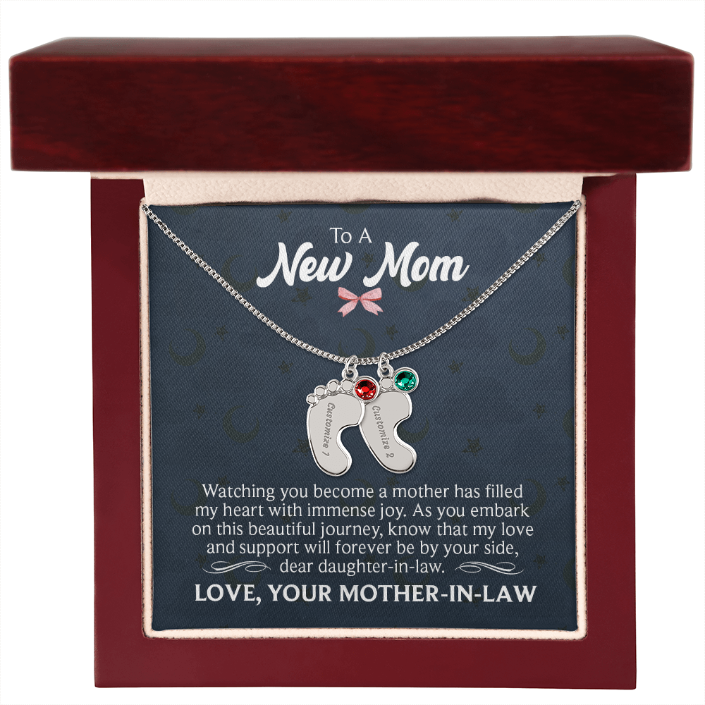 To a New Mom From Mother-In-Law - Baby Feet Necklace with Birthstone - Engraved