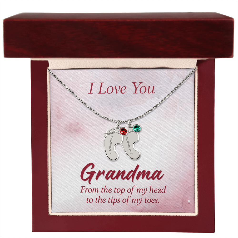 I Love you Grandma - Baby Feet Necklace with Birthstone - Engraved
