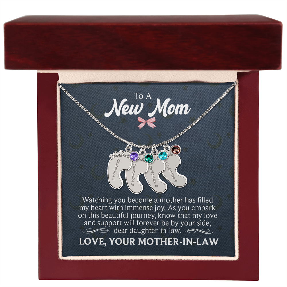 To a New Mom From Mother-In-Law - Baby Feet Necklace with Birthstone - Engraved