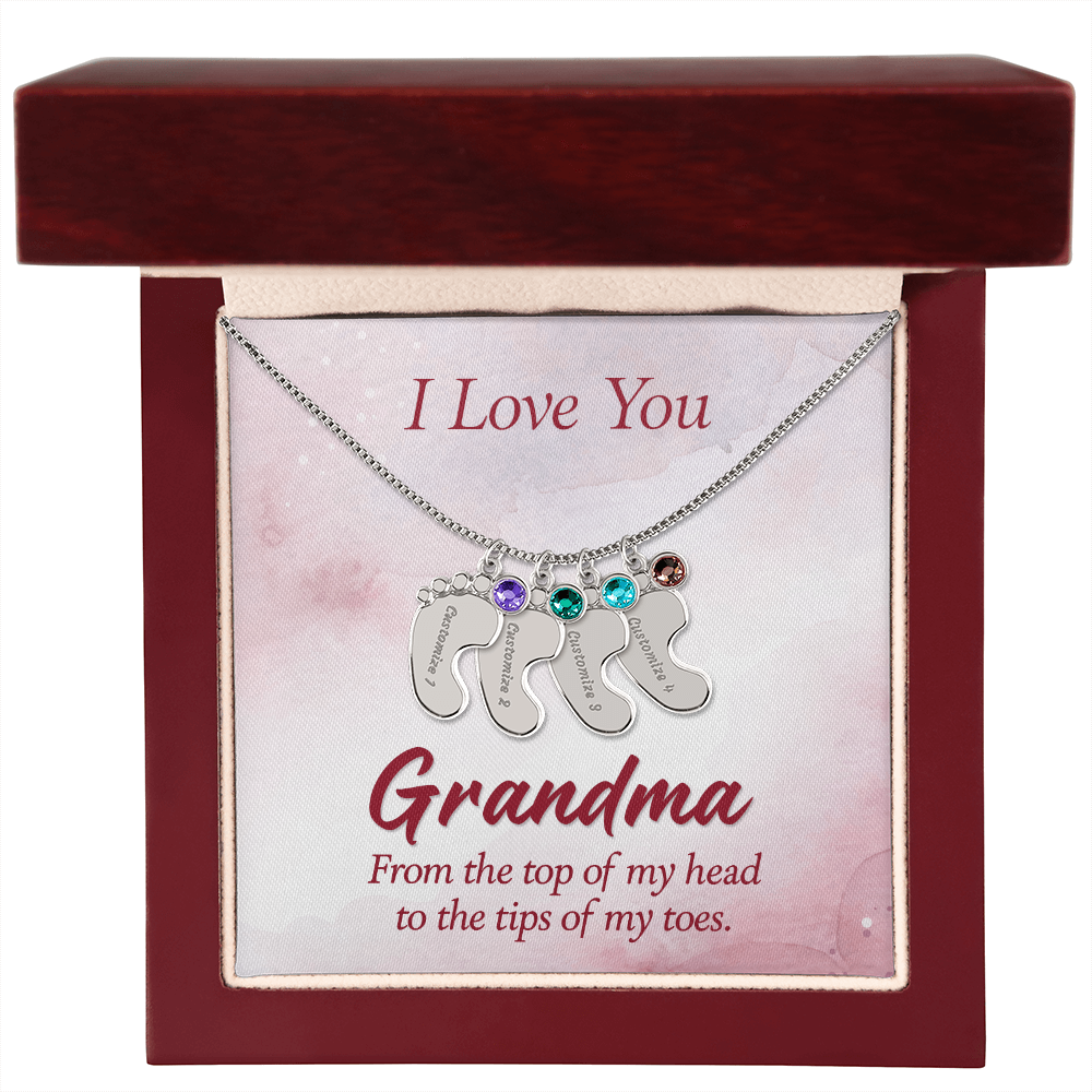 I Love you Grandma - Baby Feet Necklace with Birthstone - Engraved
