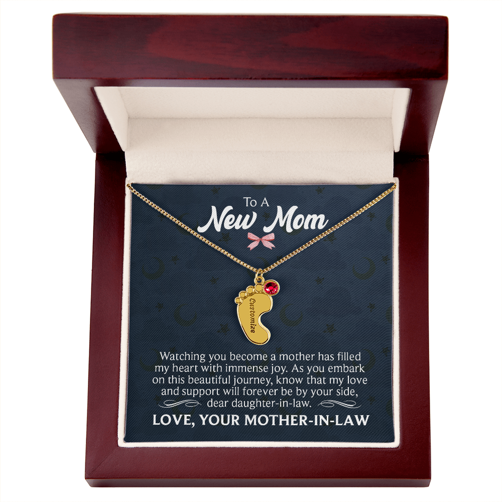 To a New Mom From Mother-In-Law - Baby Feet Necklace with Birthstone - Engraved