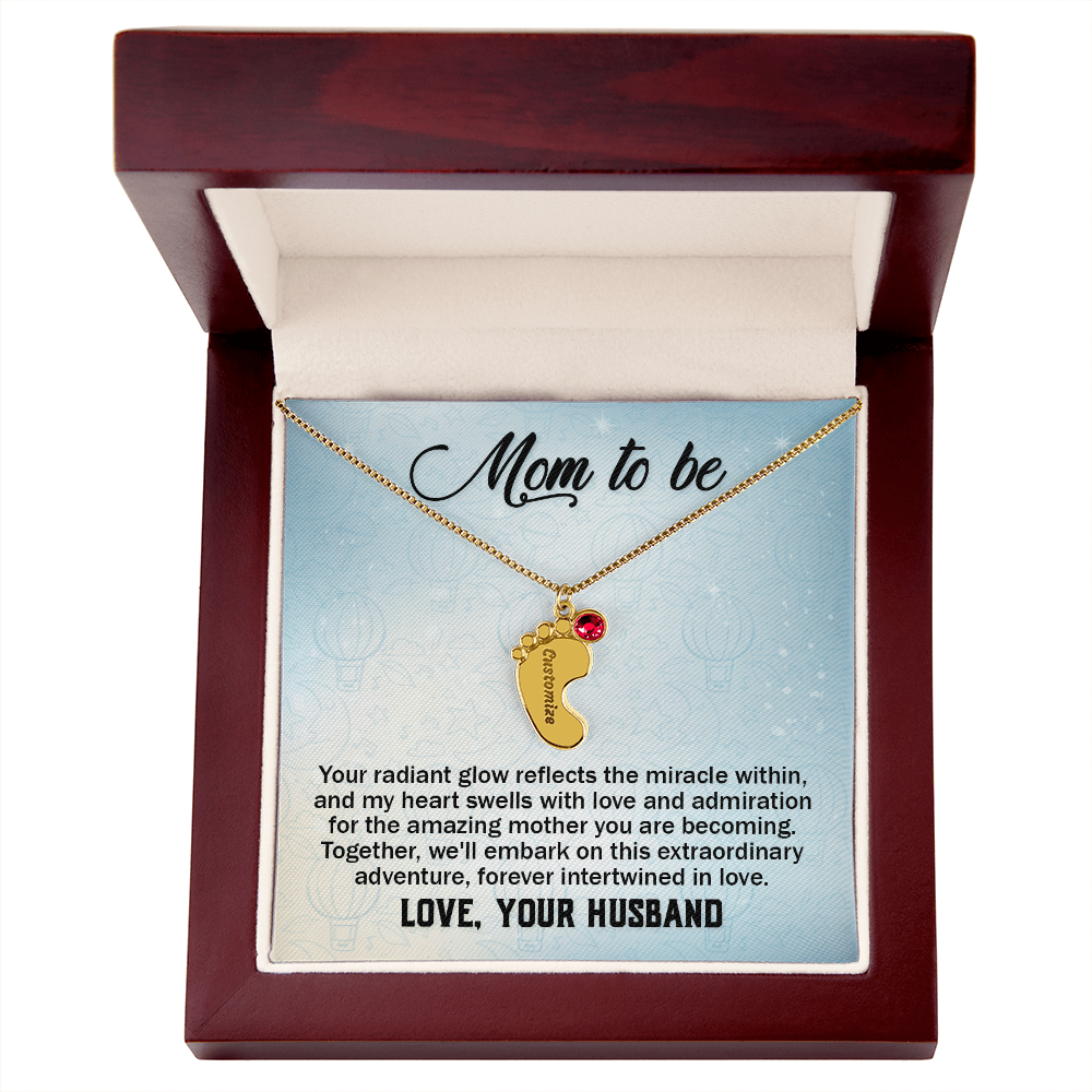 Mom To Be From Husband - Baby Feet Necklace with Birthstone - Engraved