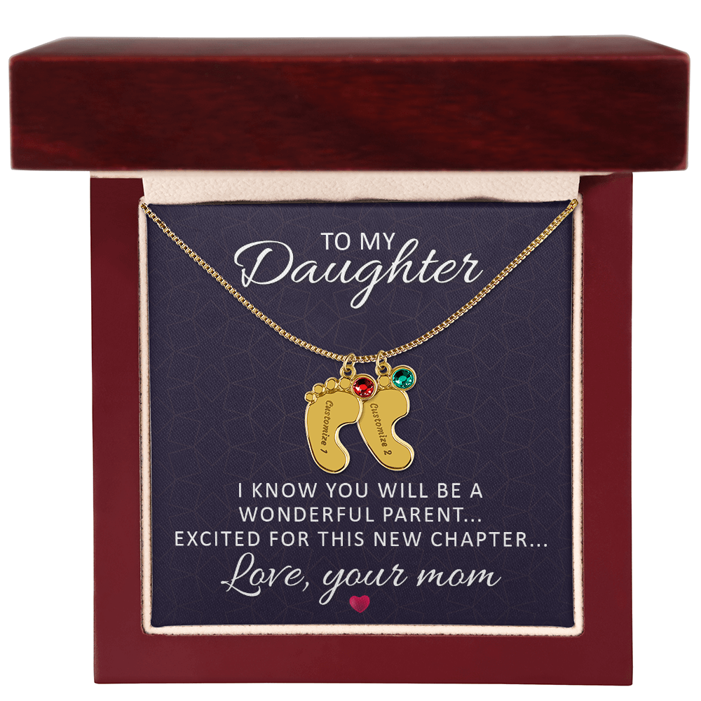 To My Daughter - Baby Feet Necklace with Birthstone - Engraved