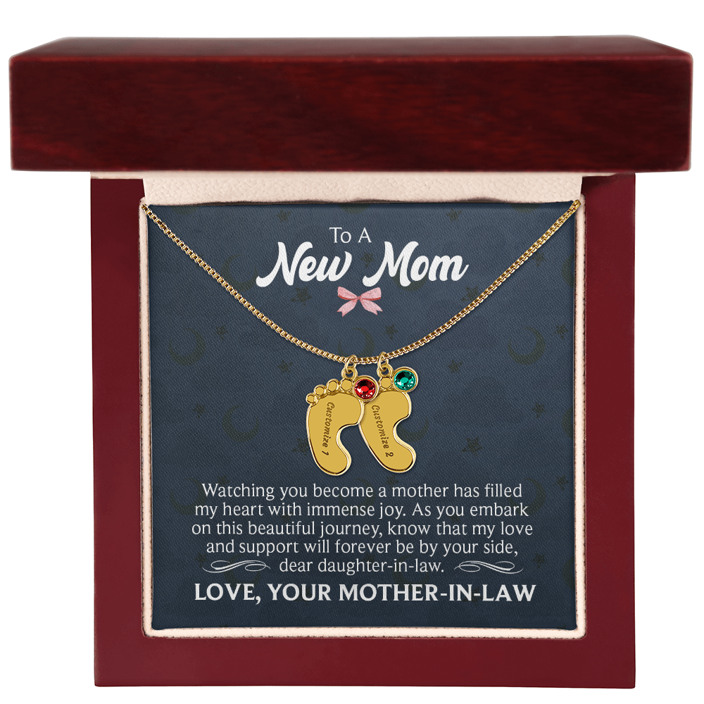 To a New Mom From Mother-In-Law - Baby Feet Necklace with Birthstone - Engraved