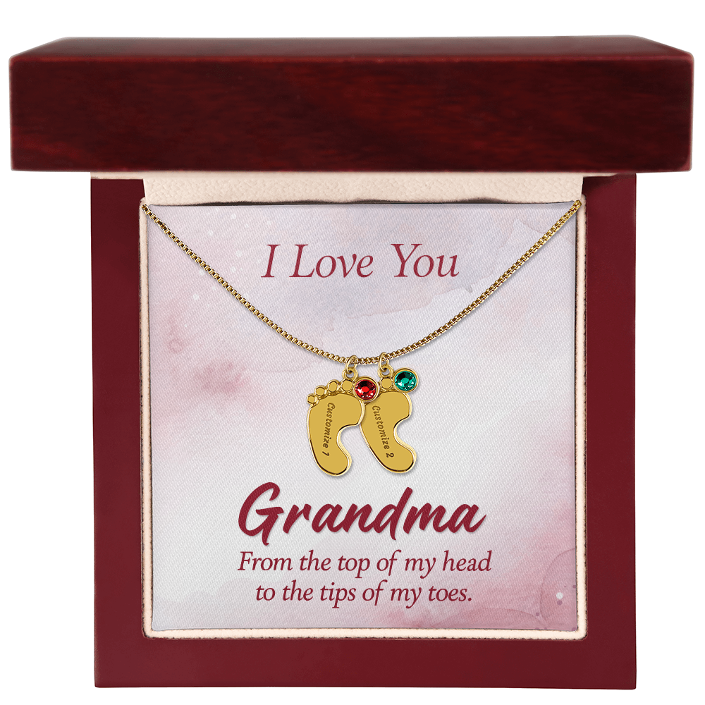 I Love you Grandma - Baby Feet Necklace with Birthstone - Engraved