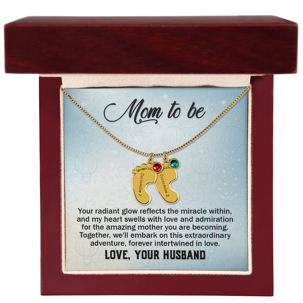 Mom To Be From Husband - Baby Feet Necklace with Birthstone - Engraved