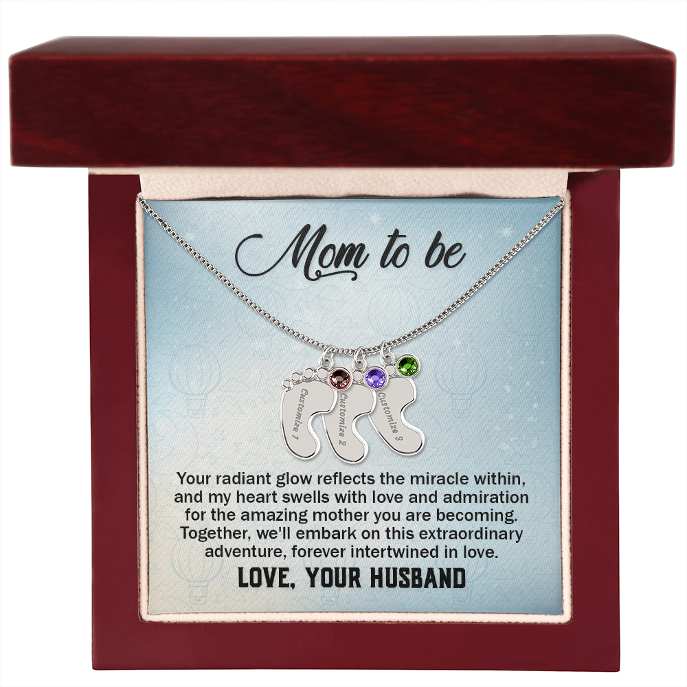 Mom To Be From Husband - Baby Feet Necklace with Birthstone - Engraved