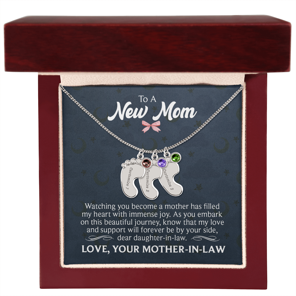 To a New Mom From Mother-In-Law - Baby Feet Necklace with Birthstone - Engraved