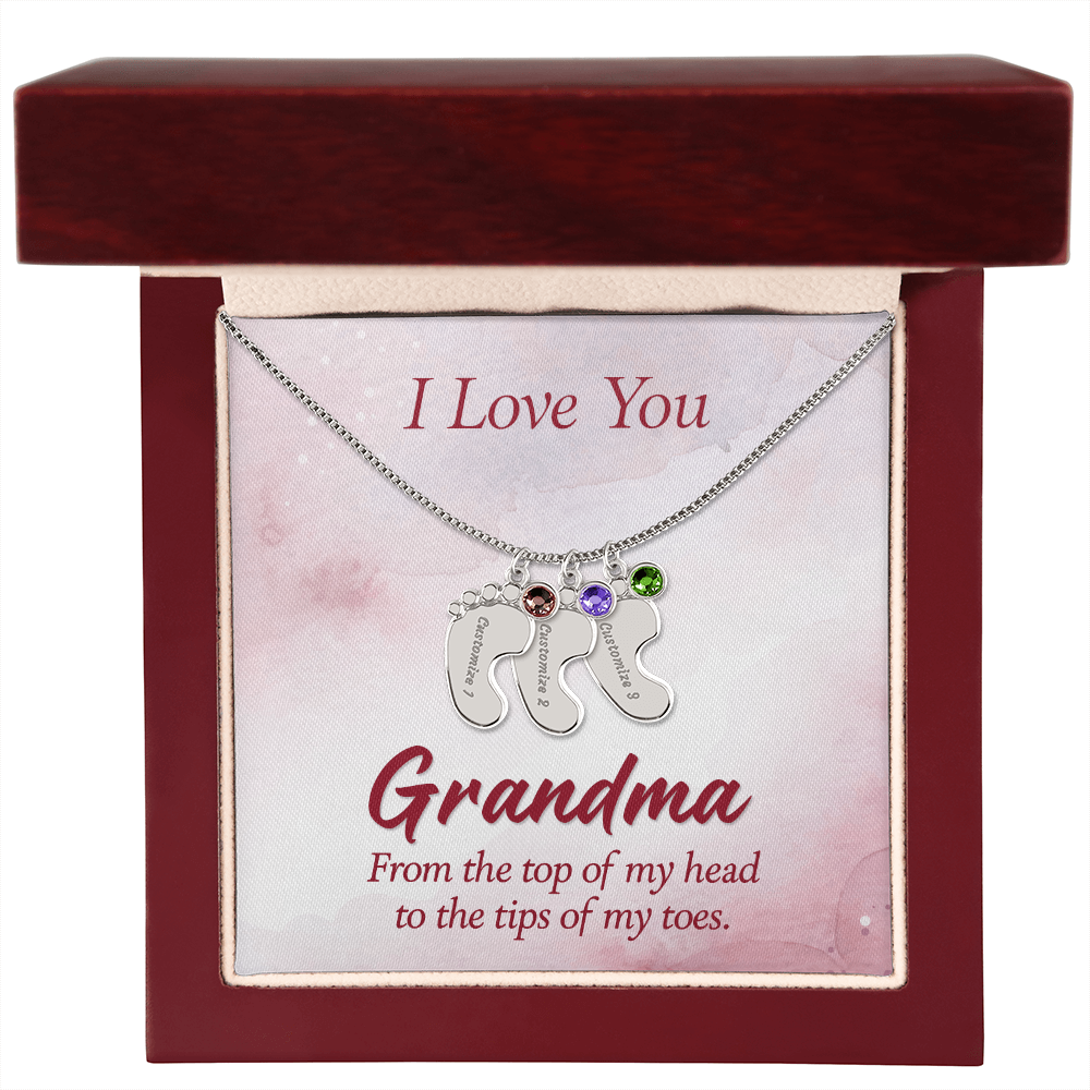 I Love you Grandma - Baby Feet Necklace with Birthstone - Engraved