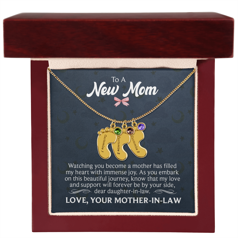 To a New Mom From Mother-In-Law - Baby Feet Necklace with Birthstone - Engraved