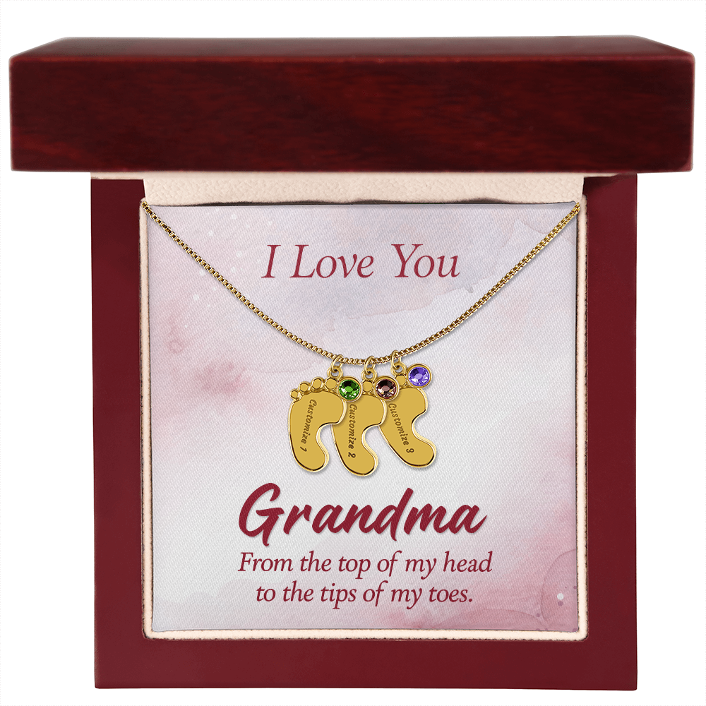 I Love you Grandma - Baby Feet Necklace with Birthstone - Engraved