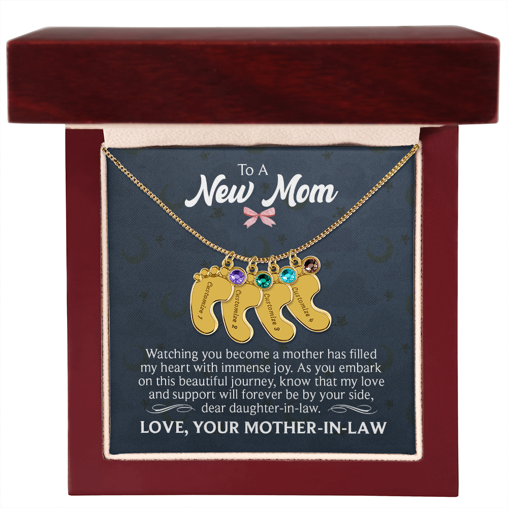 To a New Mom From Mother-In-Law - Baby Feet Necklace with Birthstone - Engraved