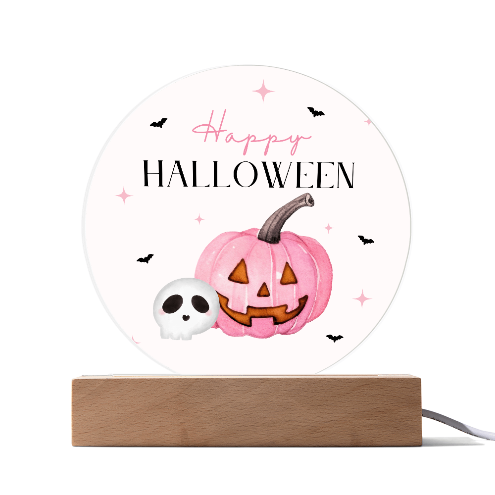 Pink Pumpkin Happy Halloween Acrylic LED Circle Plaque