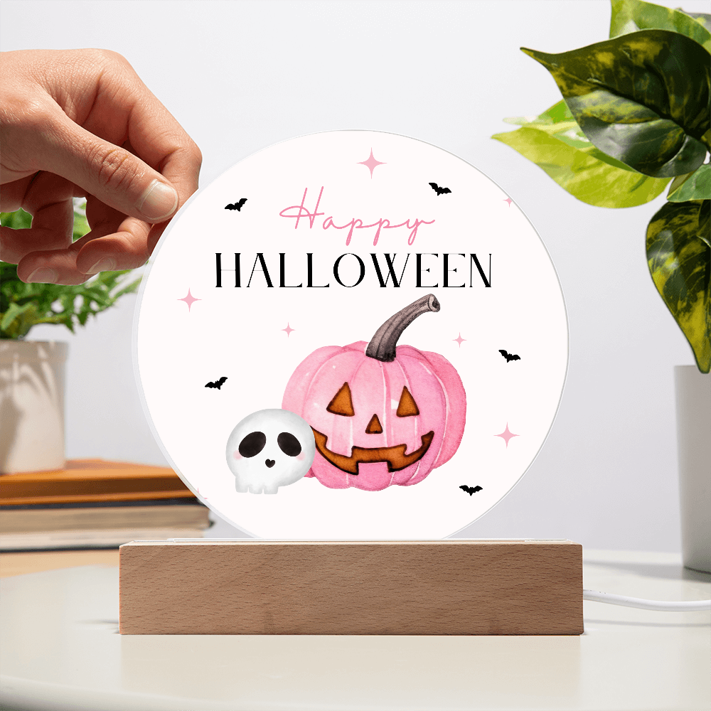 Pink Pumpkin Happy Halloween Acrylic LED Circle Plaque