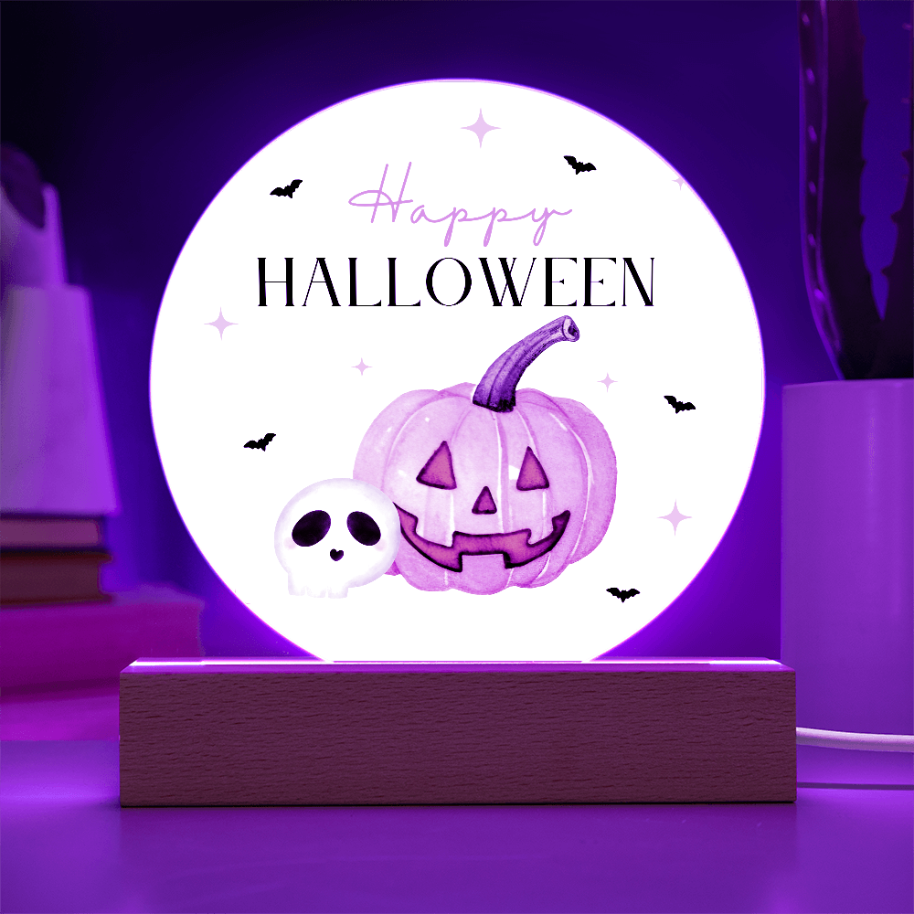Pink Pumpkin Happy Halloween Acrylic LED Circle Plaque
