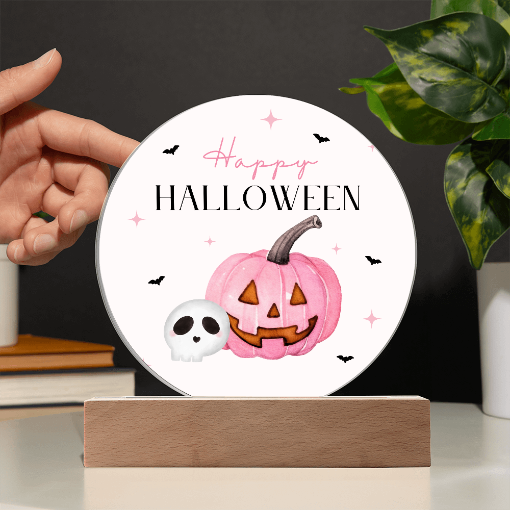 Pink Pumpkin Happy Halloween Acrylic LED Circle Plaque