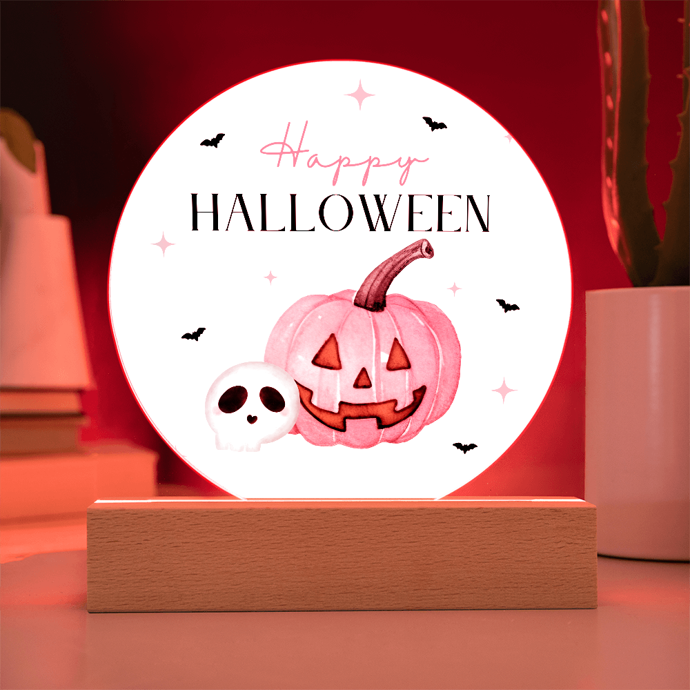 Pink Pumpkin Happy Halloween Acrylic LED Circle Plaque