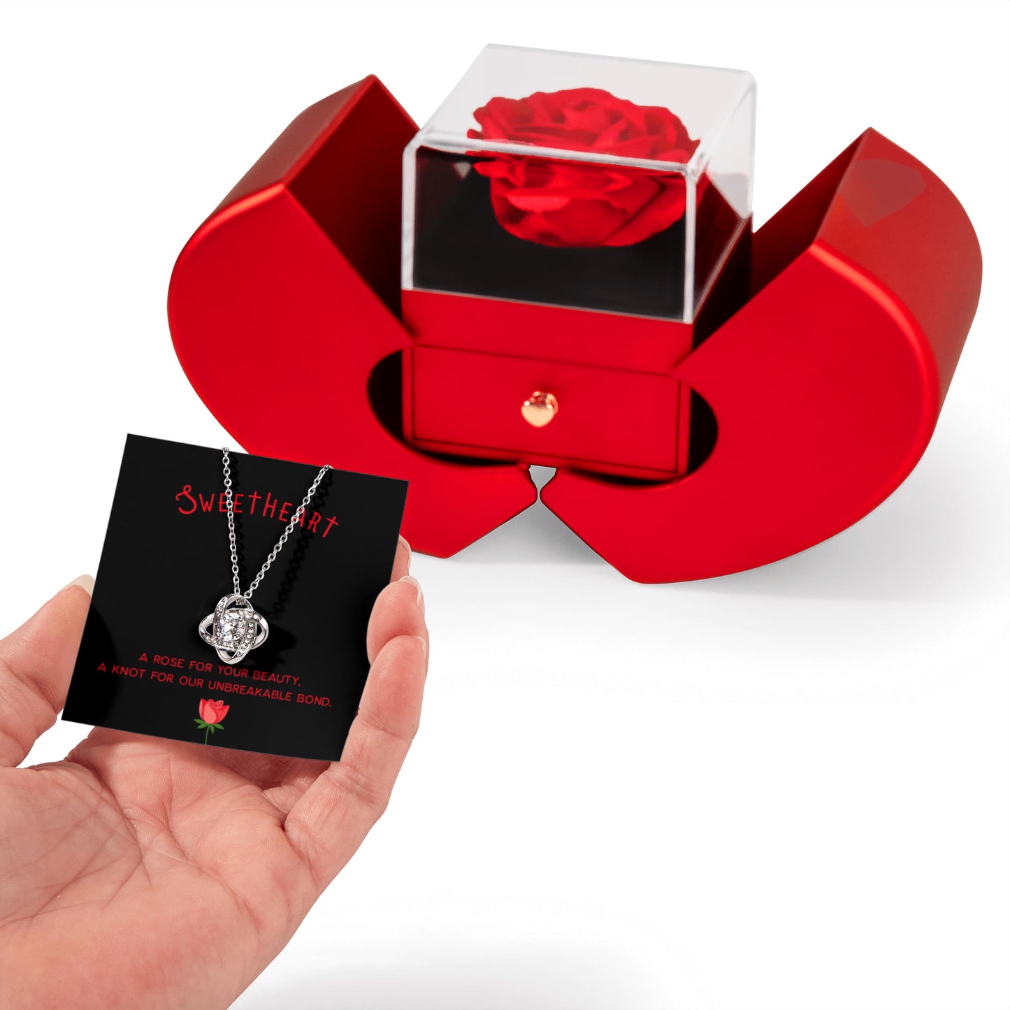 Sweetheart - Love Knot Necklace with Red Heart Rose Box