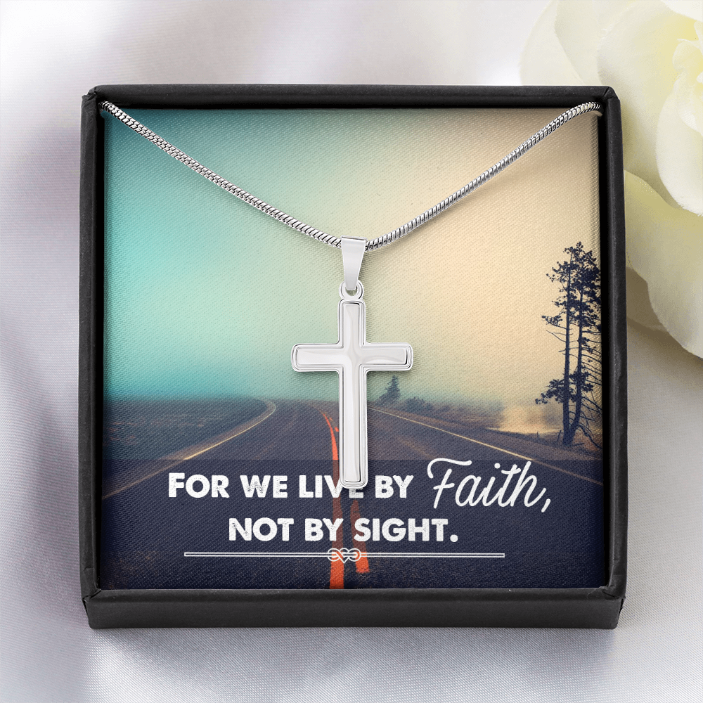 For We Live By Faith, Not By Sight - Artisan Cross Necklace with Snake Chain