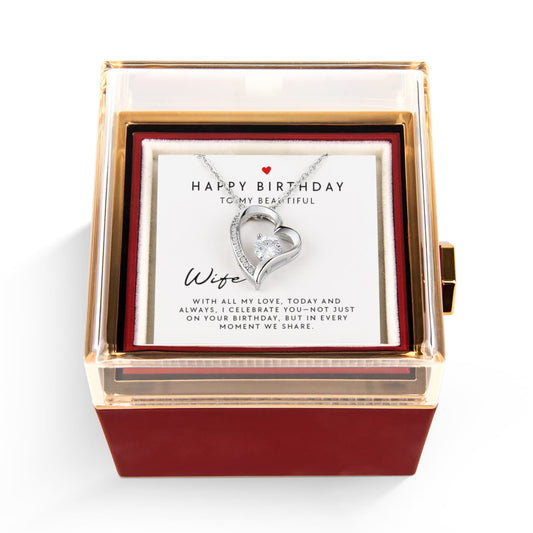 Happy Birthday To My Beautiful Wife - Forever Love Necklace with Rotating Rose Gift Box