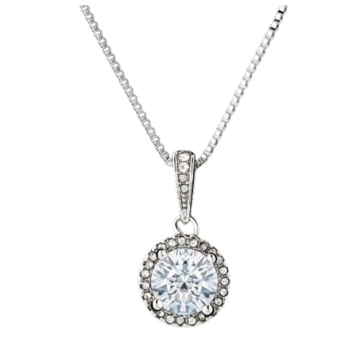 A silver round halo pendant necklace featuring a large, brilliant-cut central gemstone encircled by small pavé-set stones, hanging vertically from a classic box chain against a solid white background.