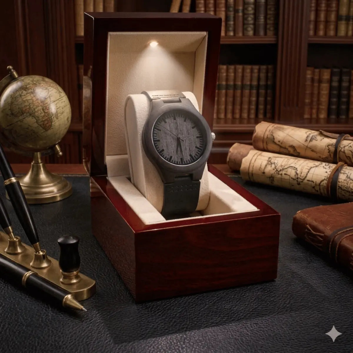 A brown wooden  watch with a black strap and Roman numeral dial sits inside an open reddish-brown wooden presentation box on a cream cushion. The box is displayed on a dark desk with a globe, brass desk accessories, and rolled maps in a library setting.