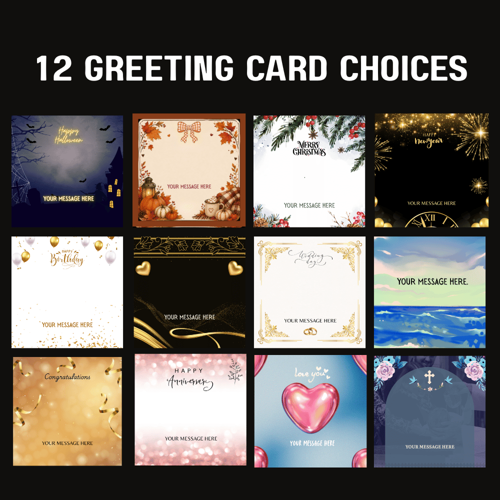 A promotional graphic showing a grid of 12 different greeting card designs under the text '12 GREETING CARD CHOICES' on a black background. The cards include holiday, birthday, congratulations, and memorial themes in dark blue, orange, white, gold, pink, and blue.