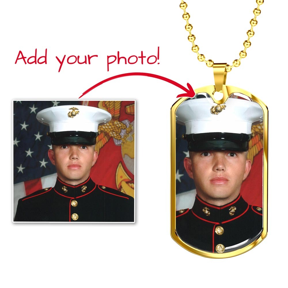 Custom photo gold dog tag necklace with a gold ball chain, showing a portrait of a U.S. Marine