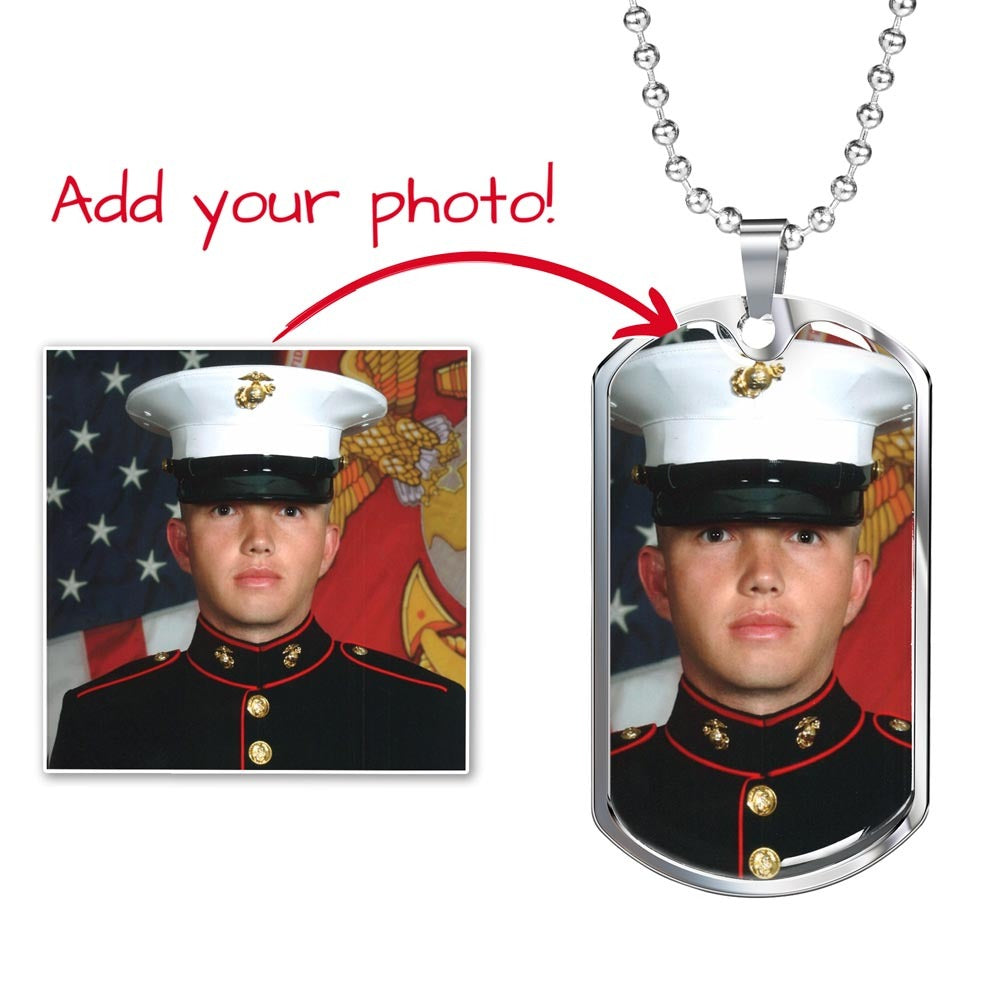 Custom photo silver dog tag necklace with a silver ball chain, showing a portrait of a U.S. Marine