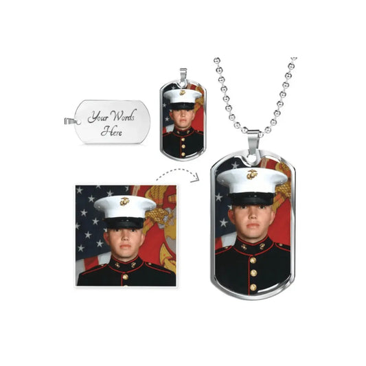 Custom photo silver dog tag necklace with a silver ball chain, showing a portrait of a U.S. Marine