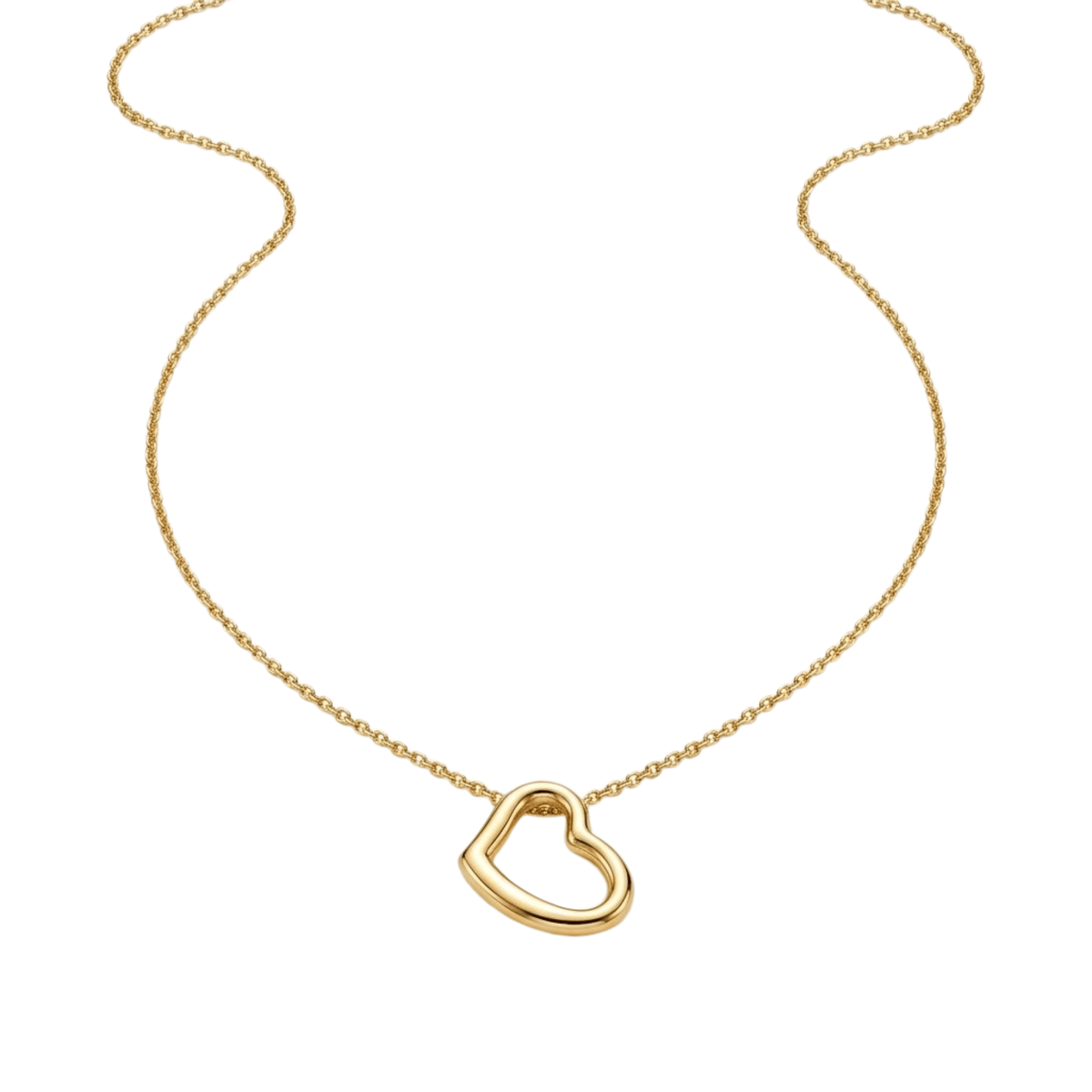 A delicate gold chain necklace featuring a polished, open heart-shaped pendant, displayed against a solid white background.