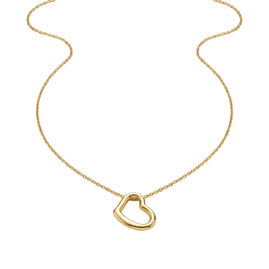A delicate gold chain necklace featuring a polished, open heart-shaped pendant, displayed against a solid white background.