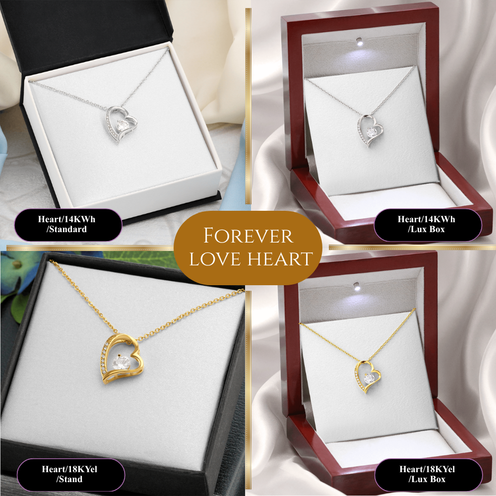Four-panel collage showing heart-shaped pendant necklaces in different box styles. The center has a gold oval with the text 'FOREVER LOVE HEART.