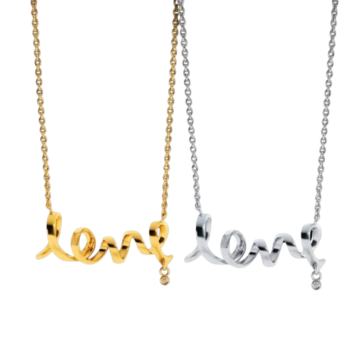 Two script "love" necklaces, one in gold and one in silver, are displayed side-by-side against a clean white background. Each necklace features a small dangling round crystal charm at the end of the script design.
