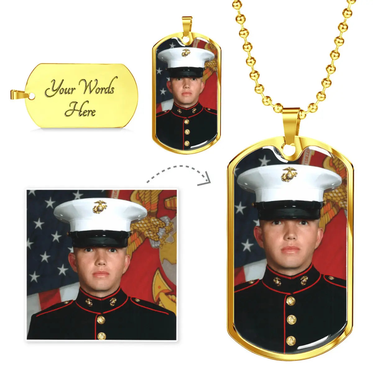 Gold dog tag with military uniform design and customizable text area, displayed on a white background.