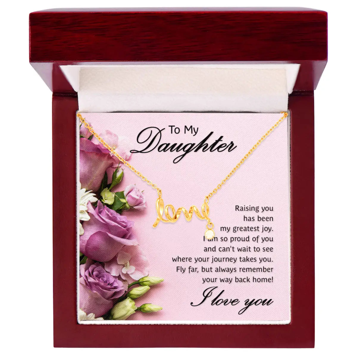 A gold necklace with a 'love' initial pendant is presented in an open dark red wooden gift box. The necklace is displayed on a pink card addressed 'To My Daughter' with a poem and purple rose illustrations.