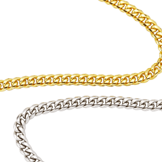Two curb-style chain necklaces shown on a plain white background, one in yellow gold and one in silver-tone metal.