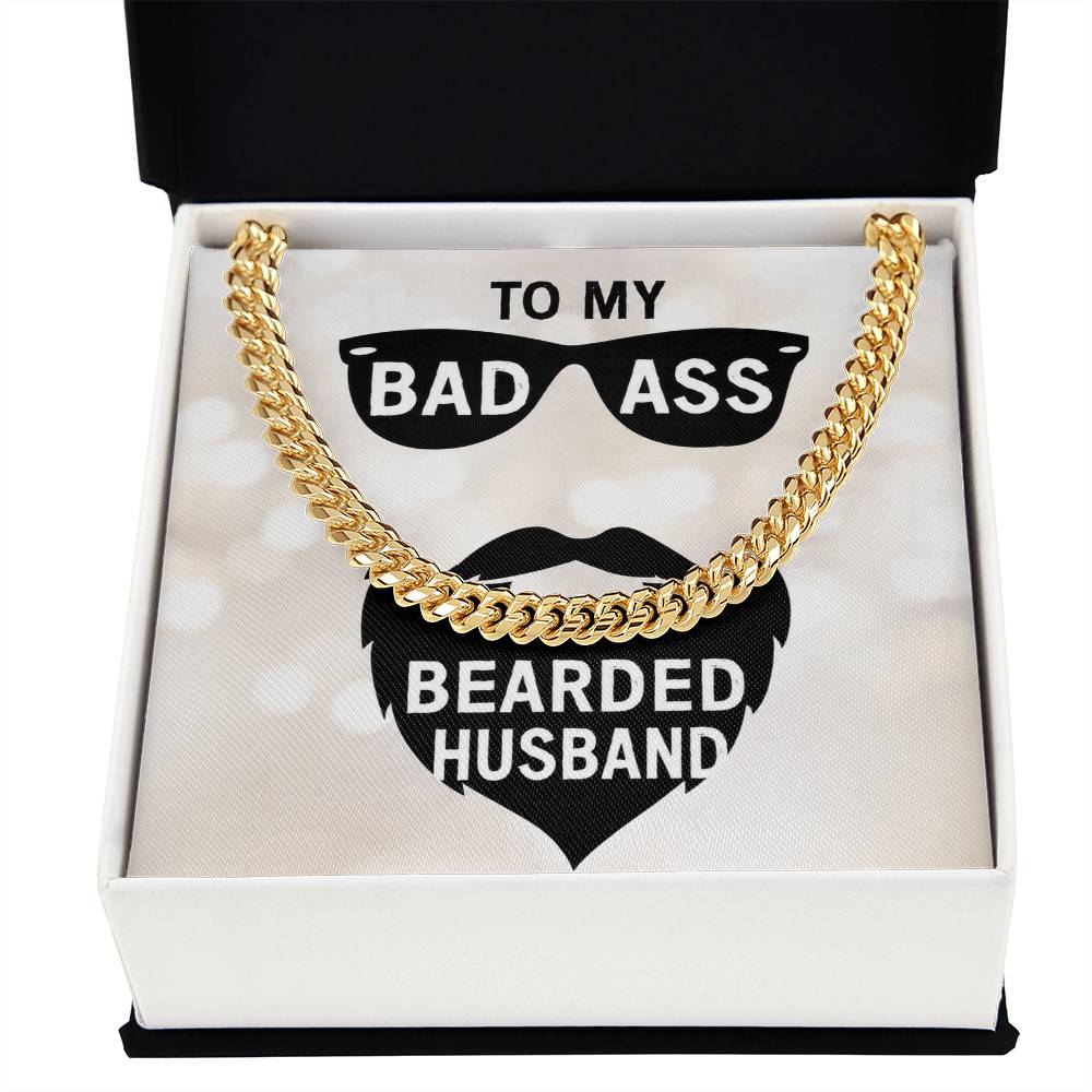 gold cuban link chain in a black and white gift box that says to my badass bearded husband with a white background.