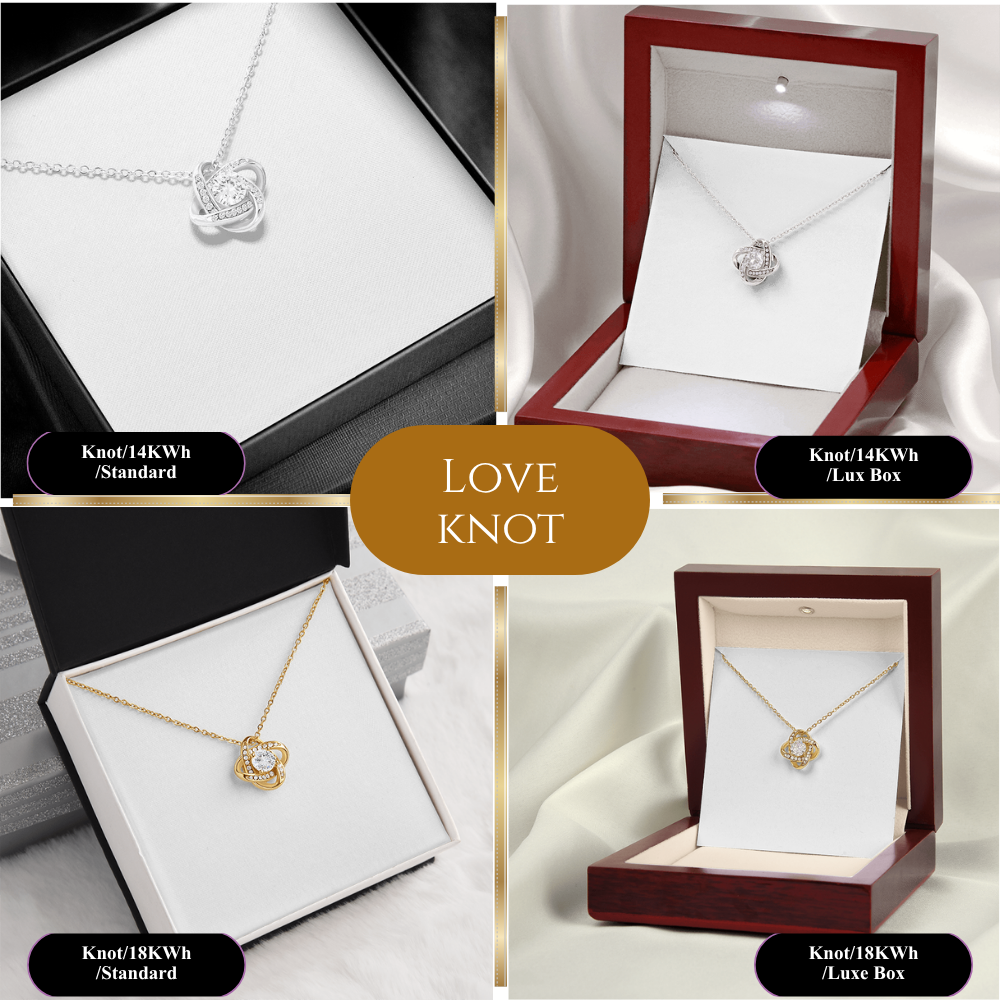 Four-panel collage showing the same heart-shaped pendant necklace in different box options: black box, dark red luxury box, and two white-lined boxes. The center has a gold oval with the text LOVE KNOT.
