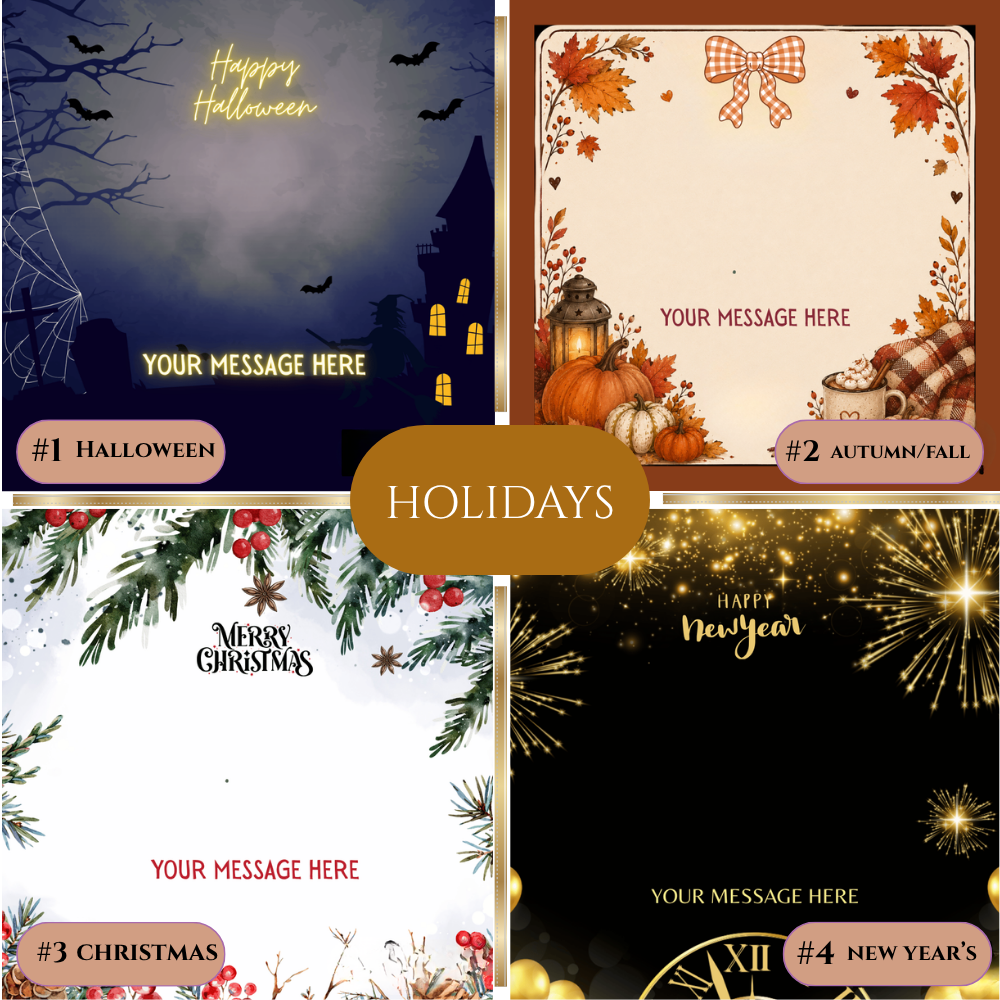 A 2x2 collage of holiday-themed digital templates with text placeholders such as 'Happy Halloween,' 'Merry Christmas,' and 'Happy New Year,' plus decorative autumn leaves, pumpkins, fireworks, and a central 'HOLIDAYS' label.