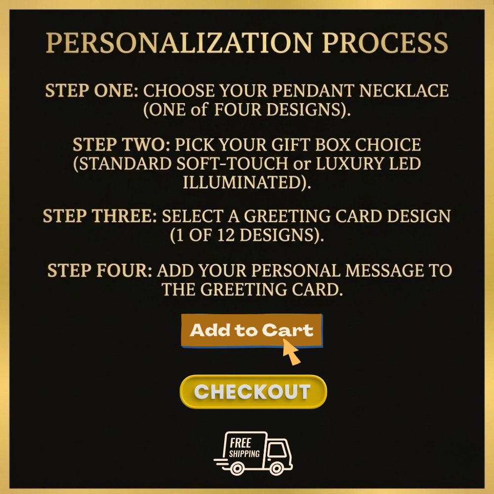 A promotional graphic with a black background and gold border explaining the personalization process. Gold text reads: Step one choose a pendant necklace design, step two pick a gift box choice, step three select a greeting card design, and step four add your personal message to the greeting card.