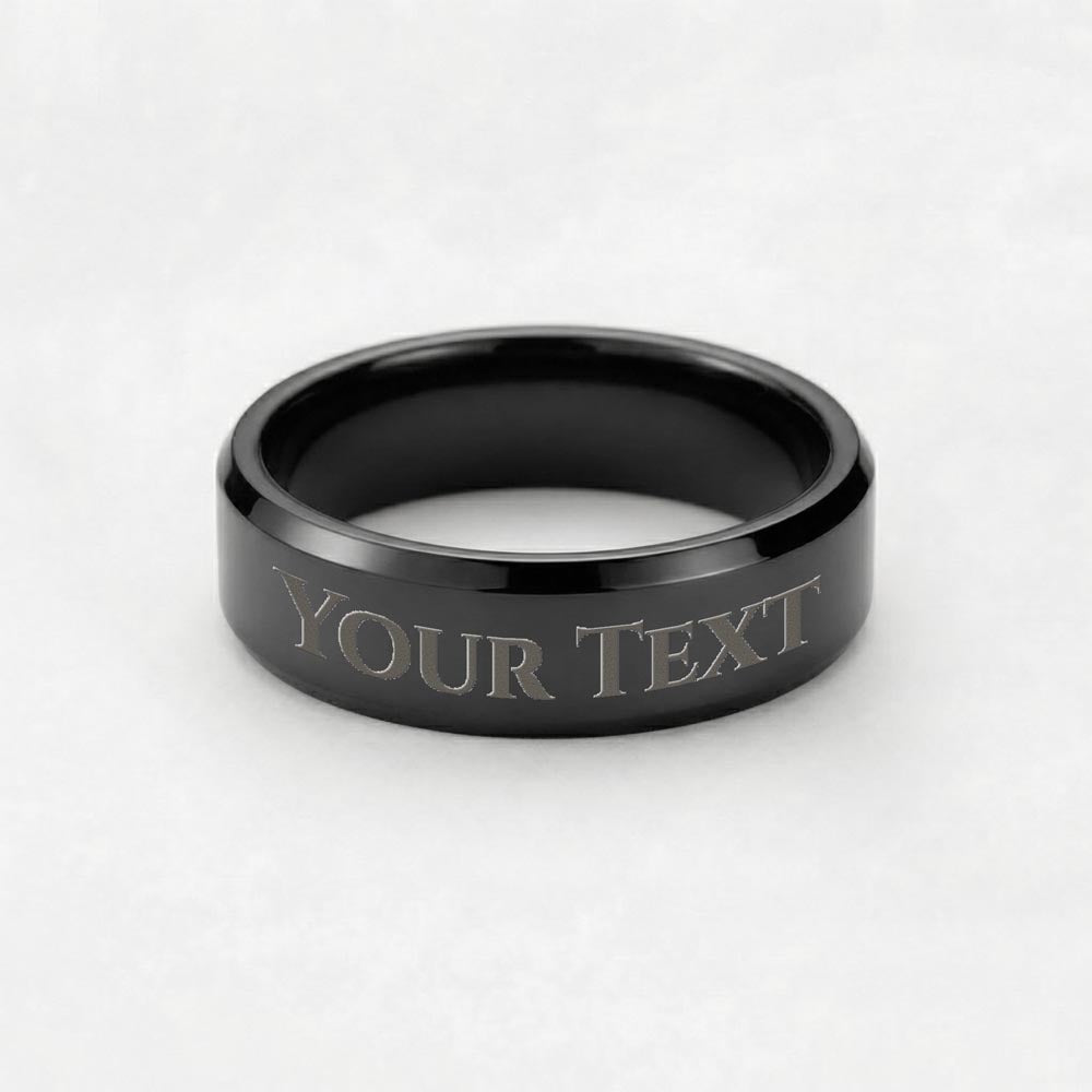 a black steel ring that says YOUR TEXT with a white background.
