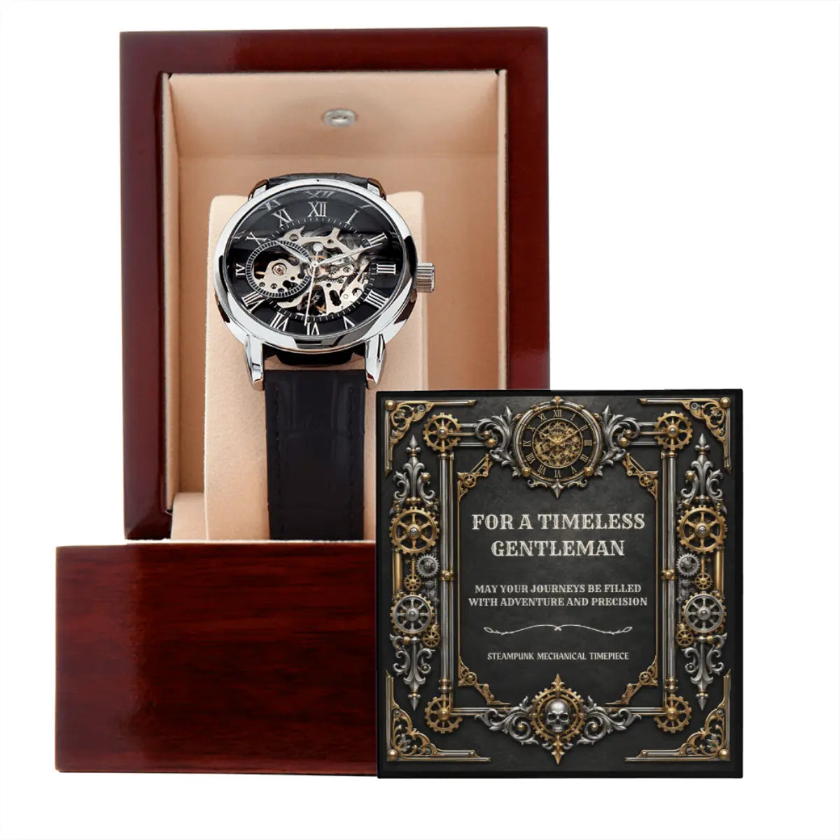A skeleton wristwatch with a black dial and black strap displayed inside an open dark wood presentation box, alongside an ornate black-and-gold card that reads 'FOR A TIMELESS GENTLEMAN.'.