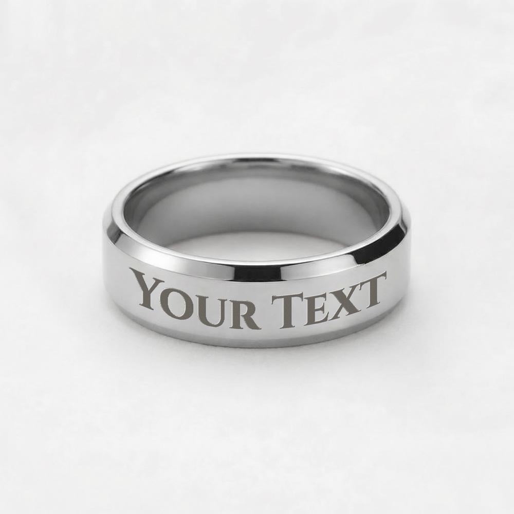 a silver stainless steel men's ring that says YOUR TEXT.