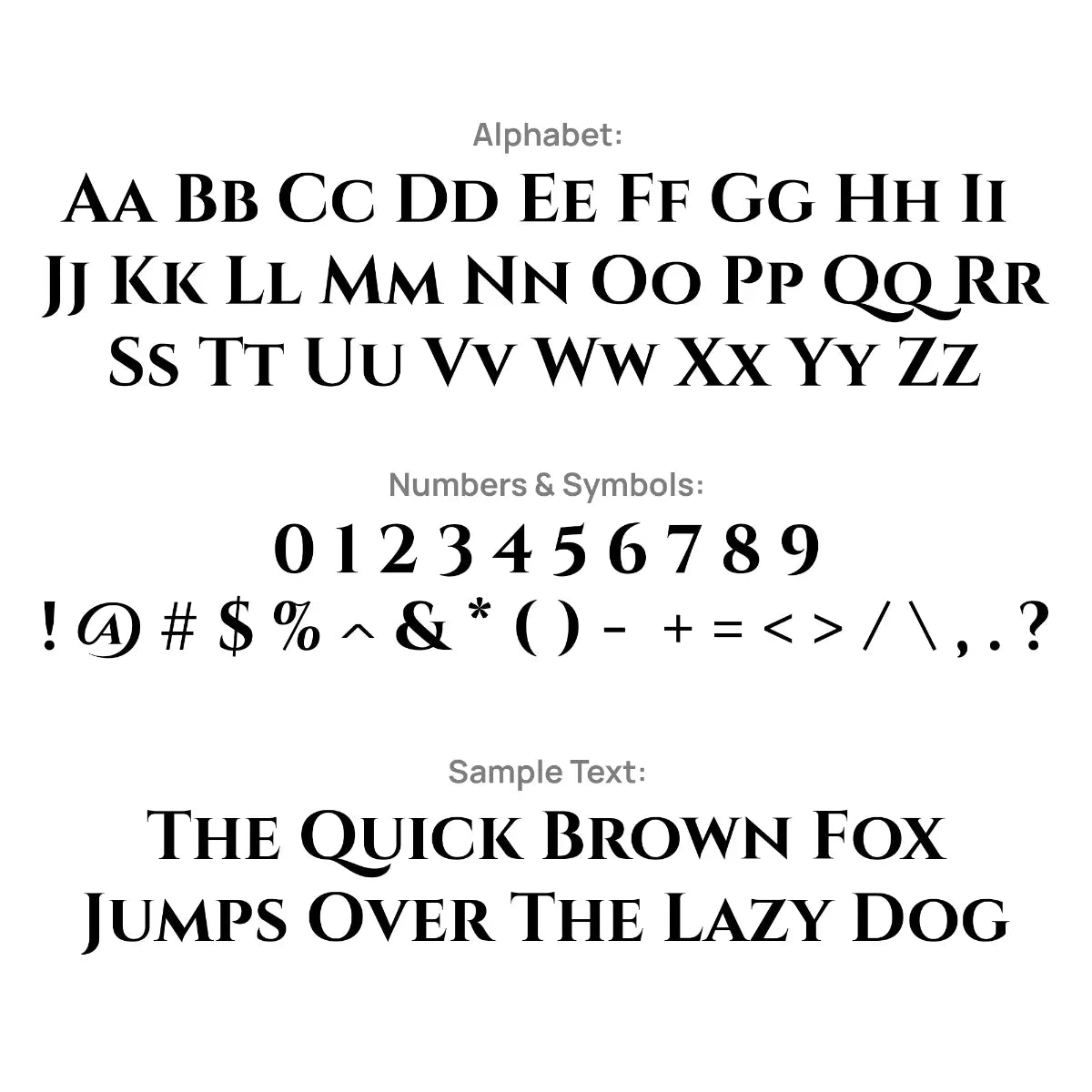Alphabet, numbers, and symbols displayed on a white background