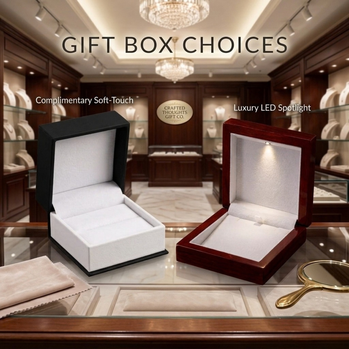 Two open gift boxes displayed on a glass counter in a luxury jewelry store setting. The left box is matte black with a white soft-touch interior, labeled 'Complimentary Soft-Touch.