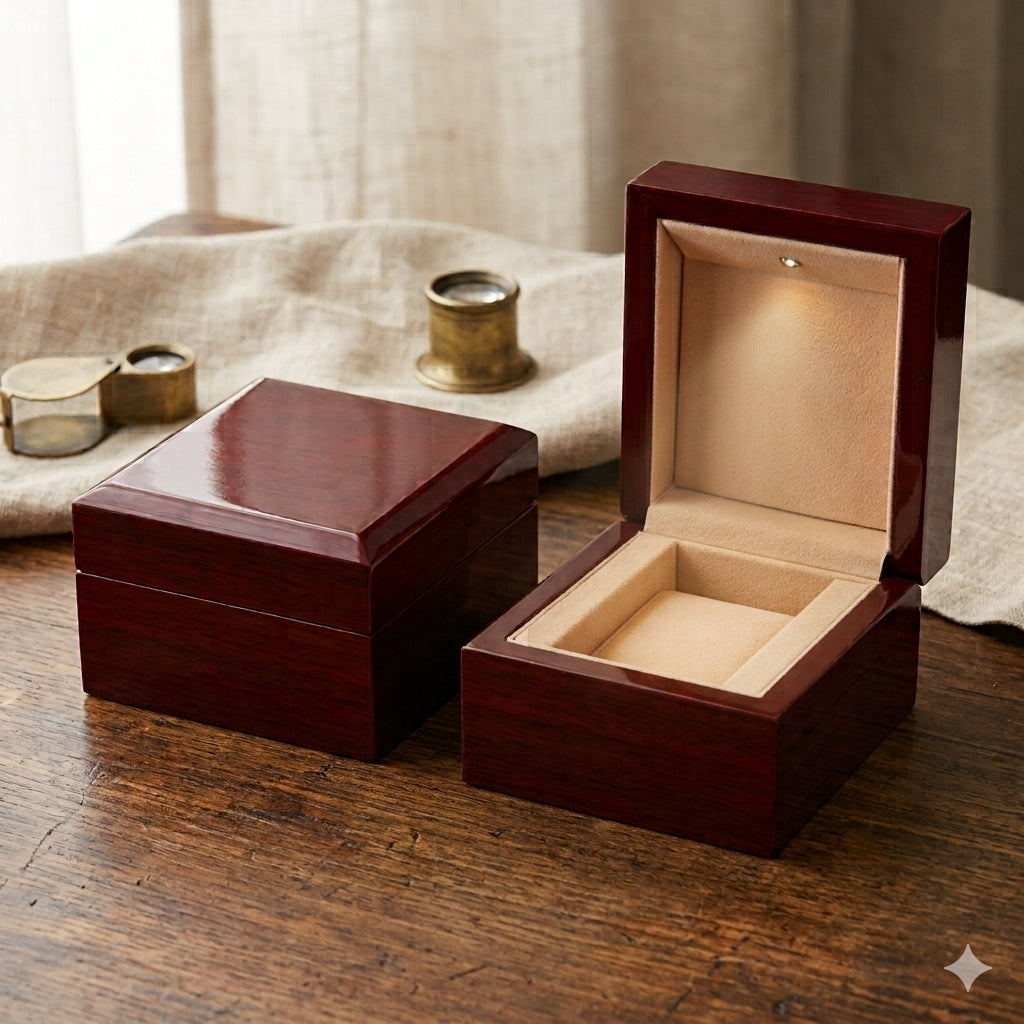 Two small rectangular wooden keepsake boxes on a wooden table, one closed and one open to show a beige velvet interior. The background includes a draped fabric and small brass objects.