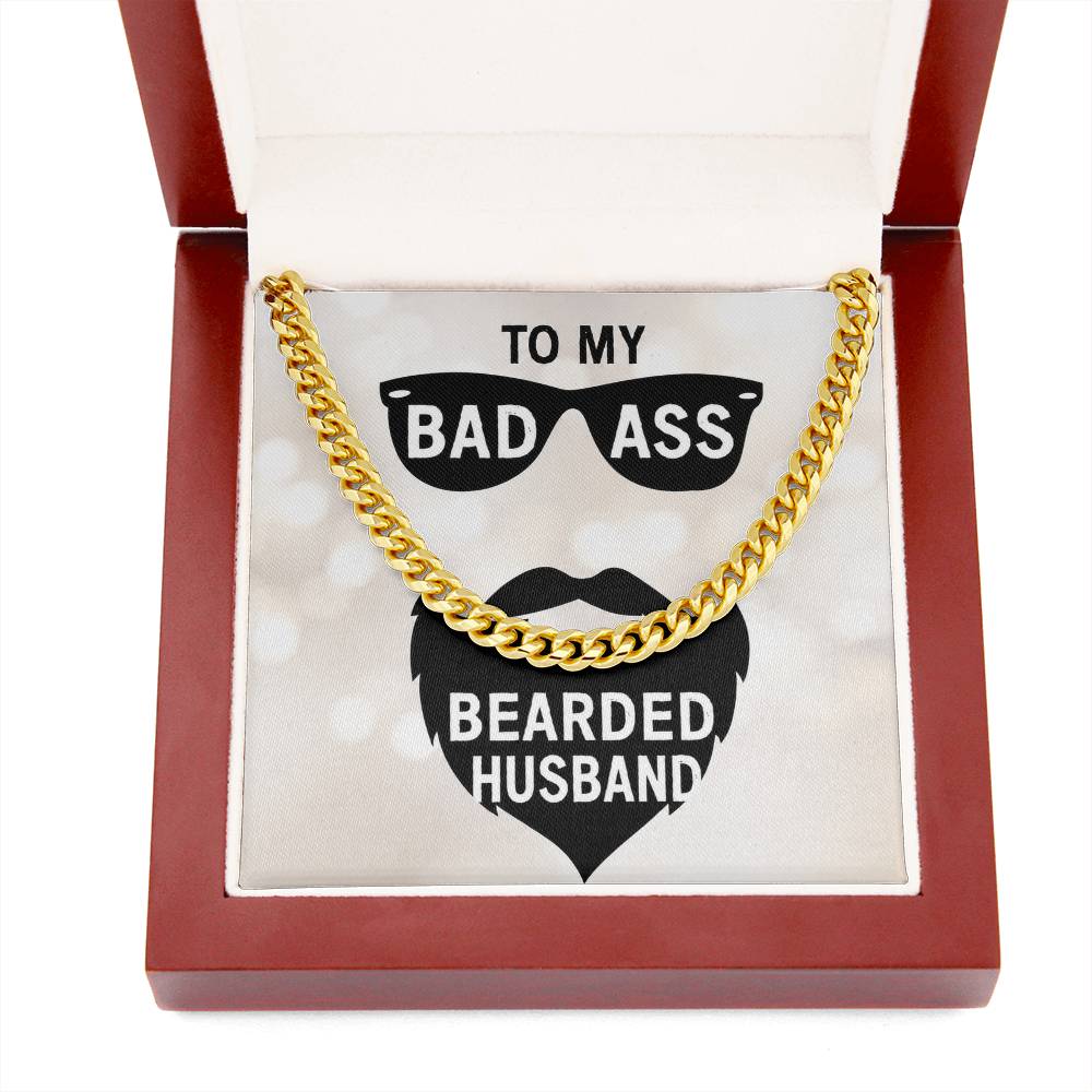 Men's gold Cuban link chain necklace resting inside a mahogany style luxury gift box on a custom message card reading To My Badass Bearded Husband.